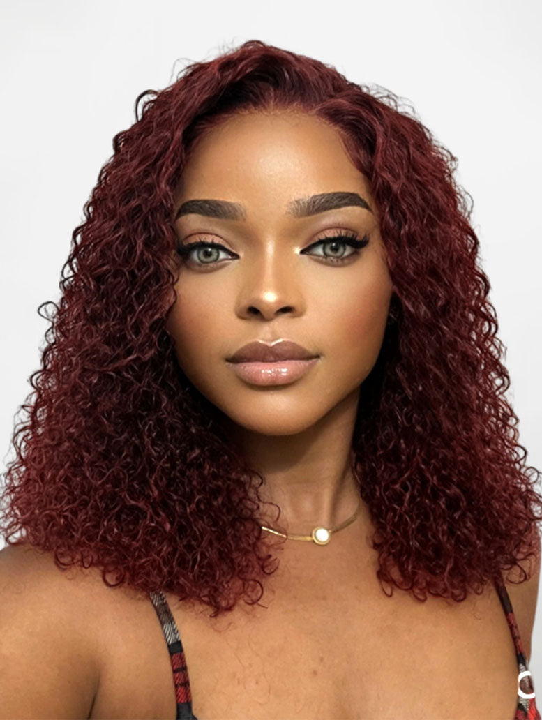 99J Burgundy Remy Hair Curly Bob Wig 4 4 Lace Closure Short Lace